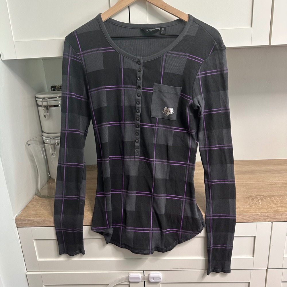 Y2K Fox Racing Henley Long Sleeve Top Womens M Plaid Thermal Alternative Grunge